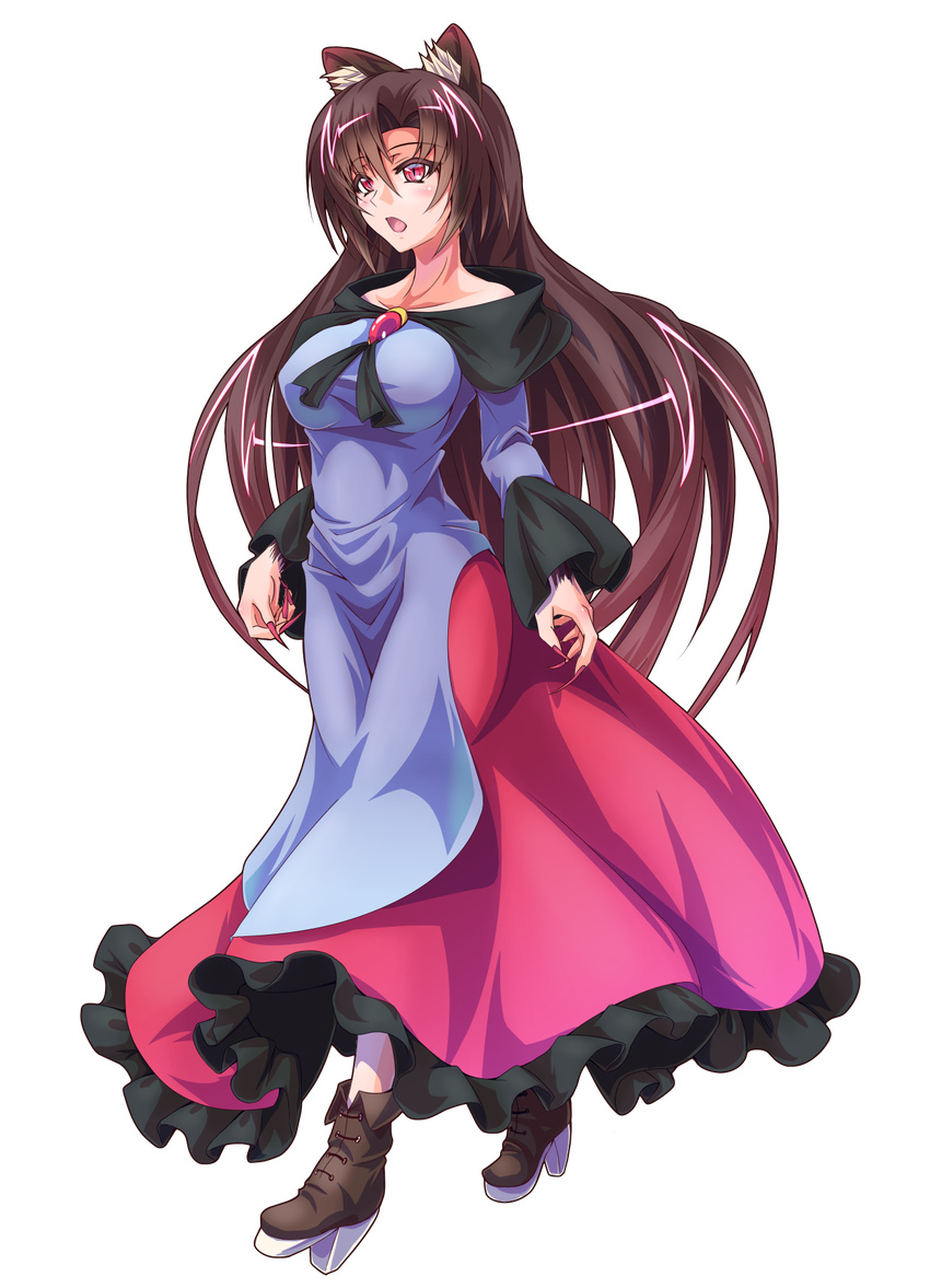 animal_ears bare_shoulders blush boots breasts brooch brown_footwear brown_hair collarbone commentary_request dress fingernails frilled_dress frills full_body fur high_heel_boots high_heels highres imaizumi_kagerou jewelry large_breasts long_fingernails long_hair long_sleeves nail_polish open_mouth red_eyes red_nails solo tachi-e touhou transparent_background very_long_hair wide_sleeves wolf_ears zephid