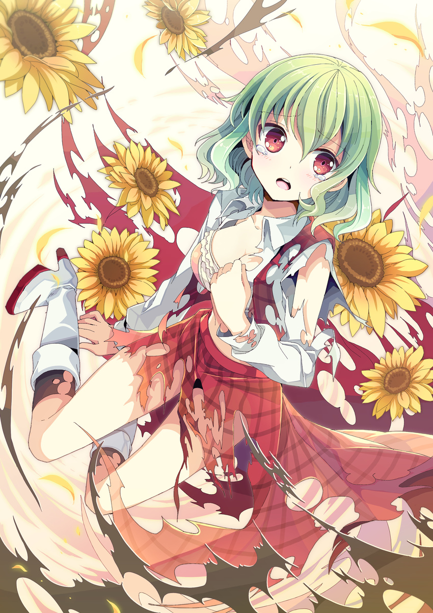 absurdres bra dress fruit_punch highres kazami_yuuka pantyhose shirt skirt solo tears thighhighs torn_clothes torn_dress torn_legwear torn_shirt torn_skirt torn_sleeves touhou underwear