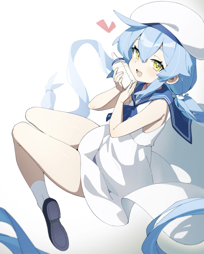 1girl absurdres baby_bottle blue_hair blue_sailor_collar blush bottle dress hair_between_eyes hat heart highres holding long_hair looking_at_viewer low_twintails midsummerw open_mouth original sailor_collar sailor_dress shoes sidelocks simple_background sleeveless sleeveless_dress socks solo twintails very_long_hair white_background white_dress white_socks yellow_eyes
