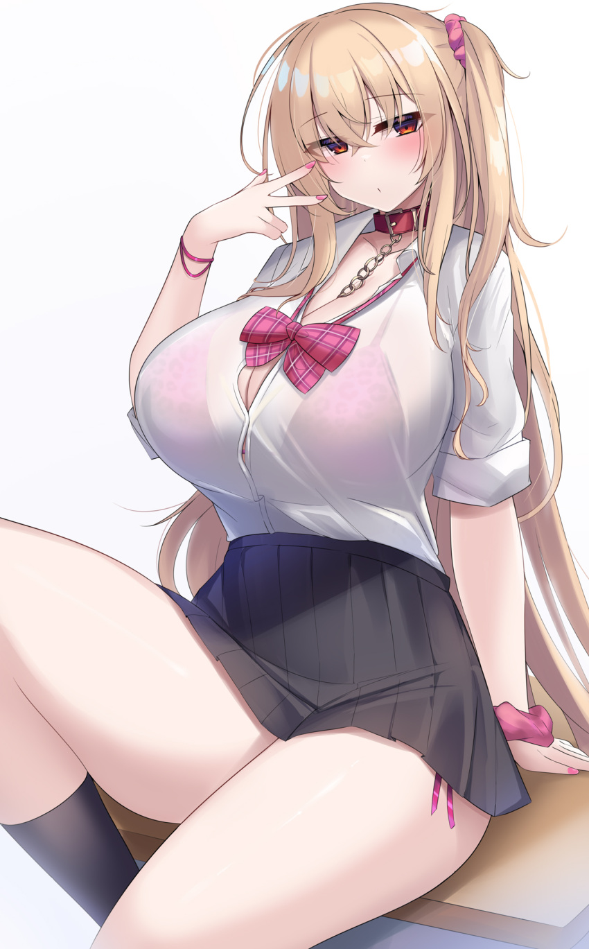 1girl black_skirt black_socks blonde_hair blush bra bra_visible_through_clothes breasts bursting_breasts button_gap cleavage closed_mouth collar collared_shirt commentary_request crossed_bangs desk dot_mouth hair_between_eyes hair_ornament hair_scrunchie highres kubiwa_(kutan) kutan large_breasts long_hair looking_at_viewer original panties pleated_skirt purple_bra red_eyes school_desk school_uniform scrunchie shirt side-tie_panties sidelocks simple_background sitting skirt socks solo thighs underwear uniform very_long_hair white_background