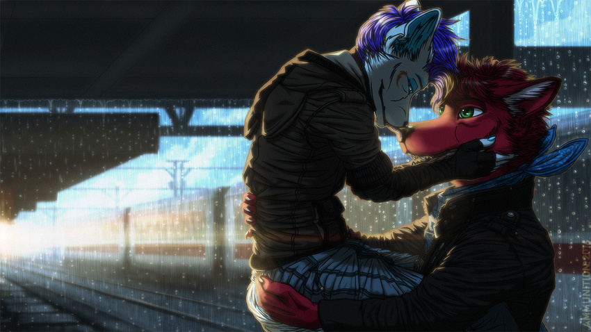 anthro biped clothed clothing digital_media_(artwork) duo fighterjet hair licking male male/male mammal outside raining romantic_couple smile tongue tongue_out trains