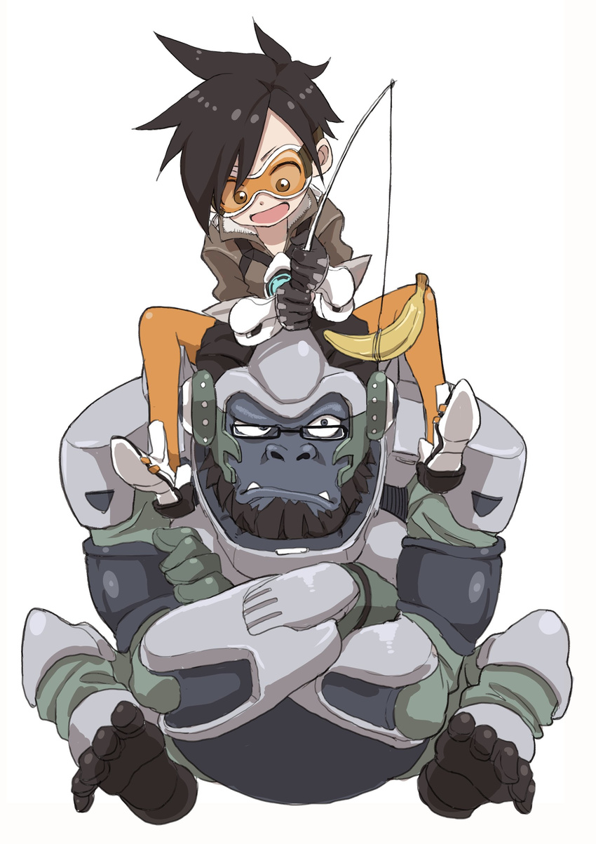 1girl absurdres banana carrying chibi commentary crossed_arms fangs fishing_line fishing_rod food fruit glasses goggles gorilla grumpy helmet highres overwatch short_hair shoulder_carry squinting tracer_(overwatch) white_background winston_(overwatch) yamamoto_souichirou