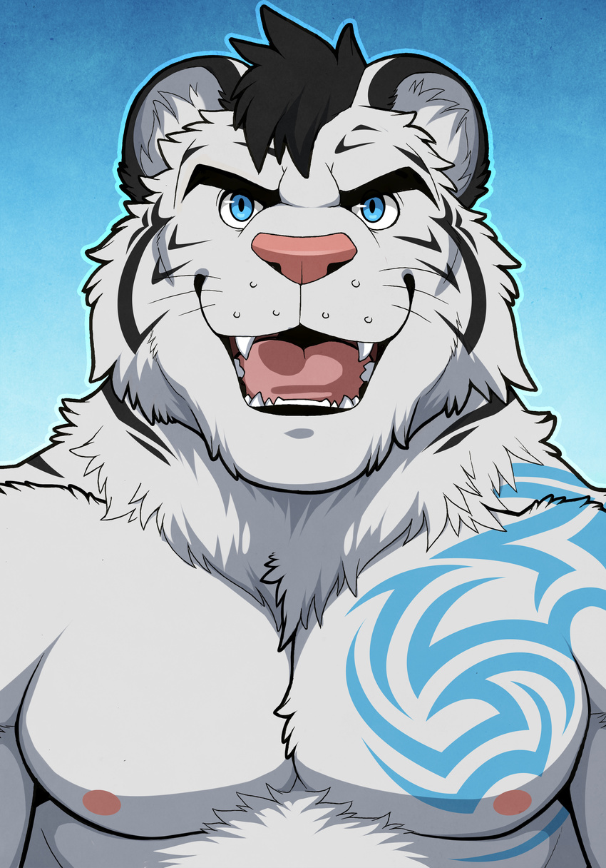 2015 absurd_res aluminemsiren anthro black_fur black_hair blue_eyes bust_portrait digital_media_(artwork) fangs feline front_view fur gradient_background hair hi_res inner_ear_fluff looking_at_viewer male mammal multicolored_fur muscular muscular_male nipples open_mouth pecs pink_nipples pink_nose portrait silver_lightsky simple_background smile solo stripes tattoo tiger two_tone_fur whiskers white_fur white_tiger