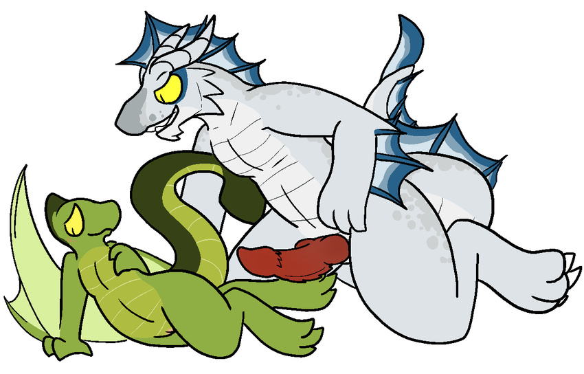 2016 aliasing animal_genitalia anthro dragon duo female knot kobold male nude scalie simple_background size_difference smile teeth trout_(artist) white_background yellow_eyes