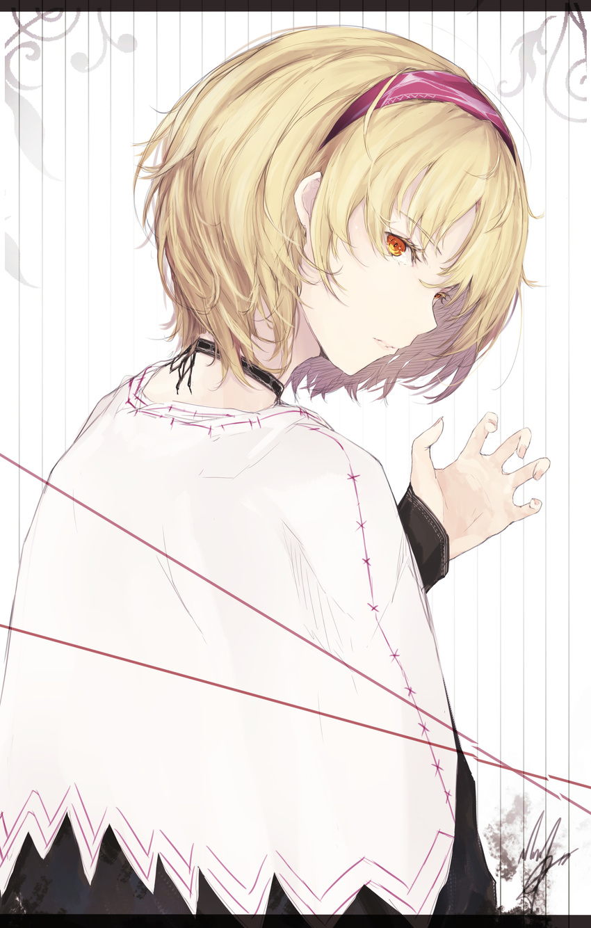 absurdres alice_margatroid blonde_hair choker claw_pose closed_mouth dress fingernails from_behind hairband highres letterboxed long_sleeves looking_at_viewer looking_back marumoru palms red_eyes short_hair solo striped striped_background touhou upper_body vertical-striped_background vertical_stripes white_dress