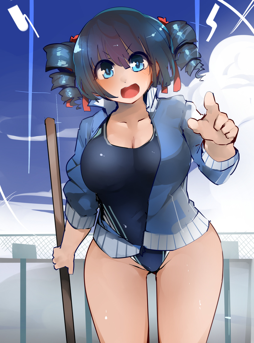 black_hair blue_eyes competition_swimsuit drill_hair highres jacket long_hair minmin_(neko4339) one-piece_swimsuit original solo swimsuit twin_drills twintails