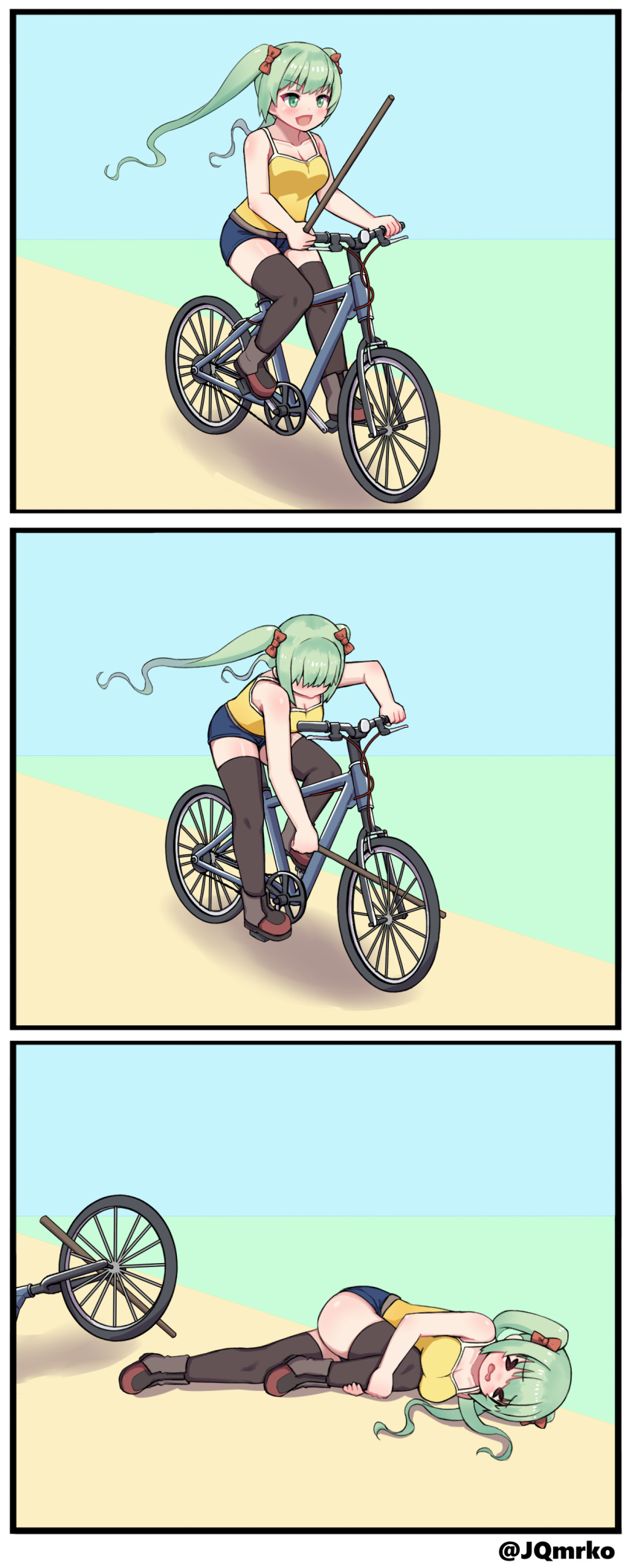 &gt;_&lt; 1girl 3koma :d absurdres bare_arms bare_shoulders bicycle black_footwear black_legwear blue_shorts boots bow breasts camisole cleavage collarbone comic day girls_frontline green_eyes green_hair ground_vehicle hair_bow highres holding holding_stick large_breasts long_hair lying manme micro_uzi_(girls_frontline) on_side open_mouth outdoors red_bow road shirt short_shorts shorts silent_comic smile solo stick thighhighs twintails twitter_username v-shaped_eyebrows yellow_shirt