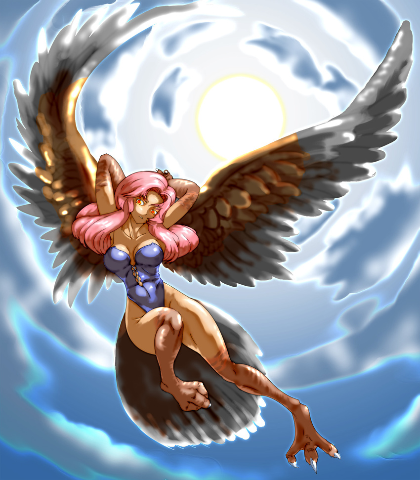 bird blue_leotard breasts claws cloud cloudy_sky commentary_request feathered_wings feathers harpy highres kous_(onetwojustice) large_breasts leotard long_hair looking_at_viewer monster_girl orange_eyes pink_hair seiken_densetsu seiken_densetsu_3 sky solo talons tzenker wings