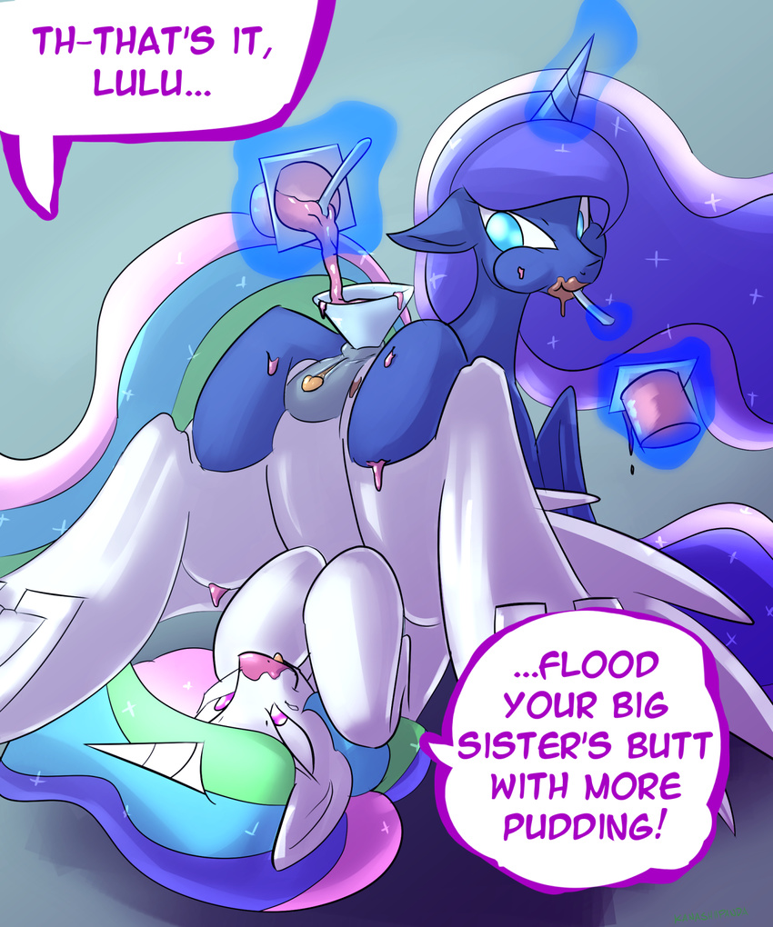 2016 clitoris dialogue duo english_text equine feathered_wings feathers female feral food friendship_is_magic glowing hair hi_res hooves horn kanashiipanda levitation long_hair magic mammal my_little_pony pouring princess_celestia_(mlp) princess_luna_(mlp) pussy sibling sisters spread_legs spreading text underhoof winged_unicorn wings