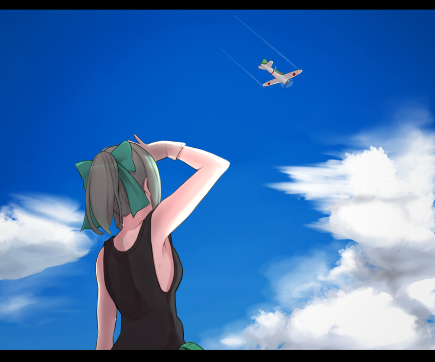 a6m_zero aircraft airplane black_shirt cloud cloudy_sky day from_behind green_hair green_ribbon hair_ribbon hayabusa kantai_collection long_hair looking_up ponytail ribbon shirt sky sleeveless sleeveless_shirt solo upper_body yuubari_(kantai_collection)