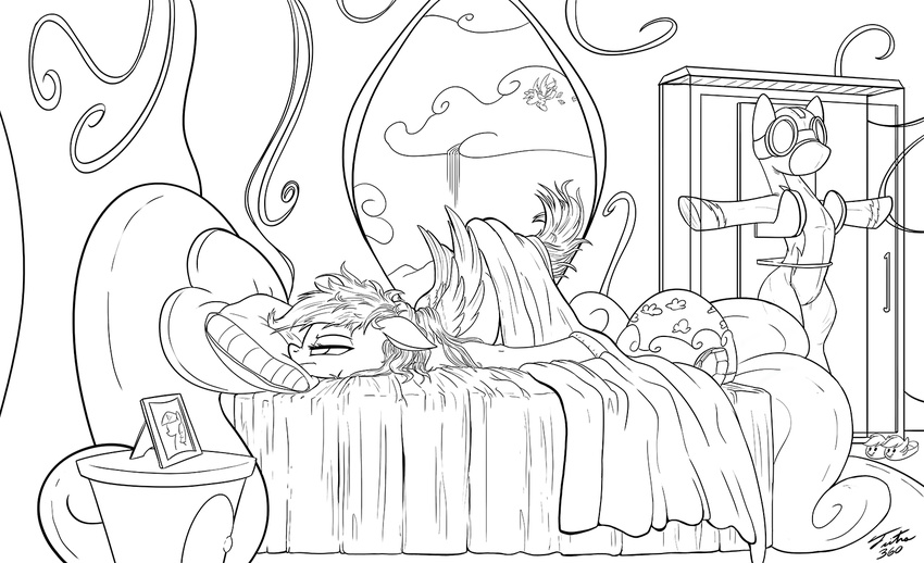 2016 ass_up awake bed equine female friendship_is_magic hair lying mammal messy_hair monochrome my_little_pony pegasus rainbow_dash_(mlp) solo tsitra360 wings