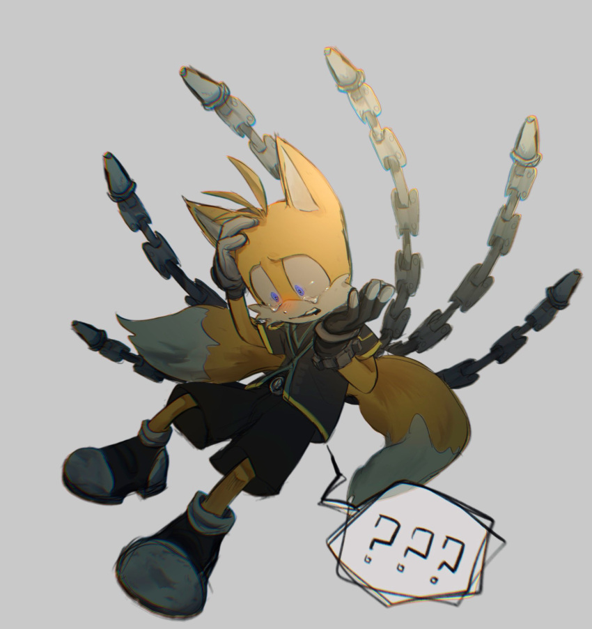 1boy ? ?? animal_ears animal_nose artist_request black_shorts blue_eyes commentary_request fox_boy fox_ears fox_tail full_body furry furry_male gloves grey_background hand_on_own_head highres male_focus mechanical_tail multiple_tails nine_(sonic) shirt shoes shorts simple_background solo sonic_(series) sonic_prime tail tears two_tails