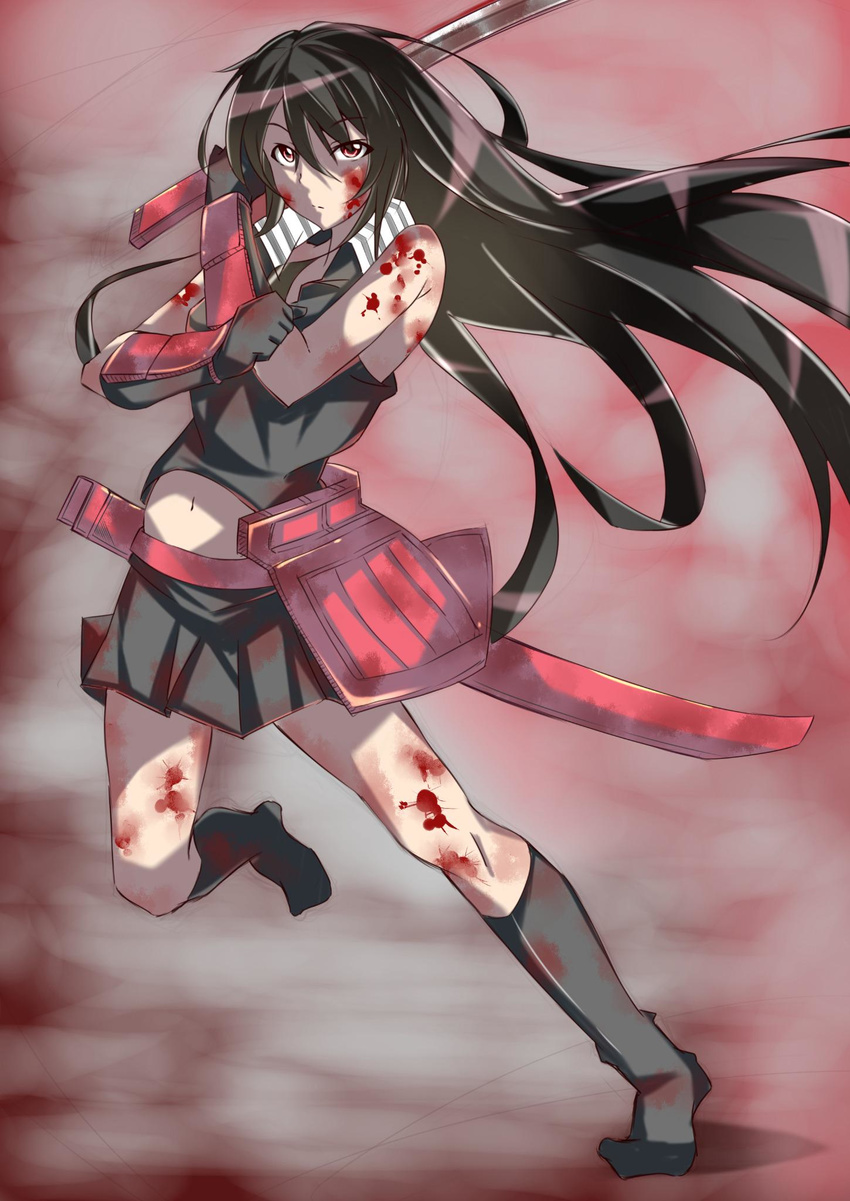 akame akame_ga_kill! bare_shoulders black_gloves black_hair black_legwear black_shirt black_skirt blood bruise commentary_request full_body gloves highres injury katana long_hair looking_at_viewer red_eyes saisarisu shaded_face shirt skirt sleeveless sleeveless_shirt socks solo sword vambraces weapon