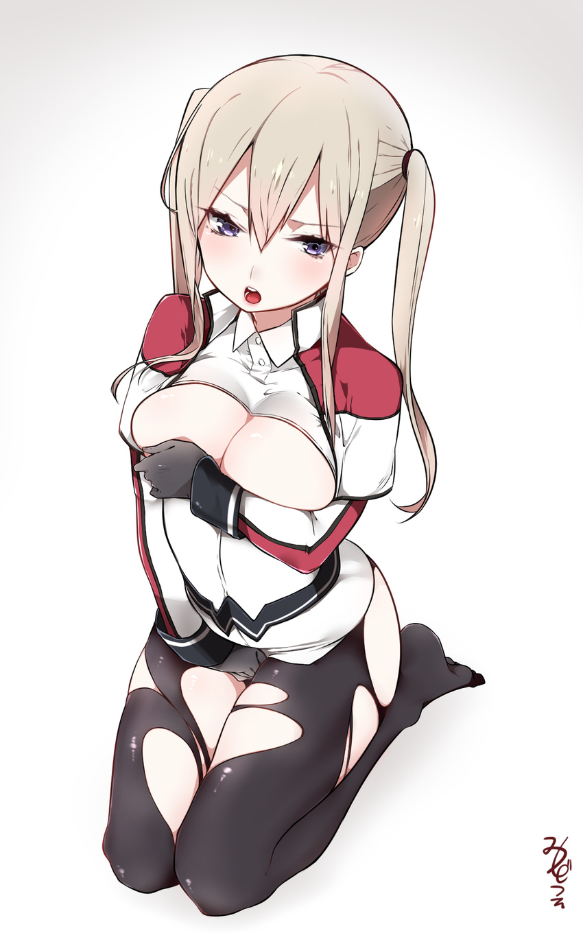 bangs black_legwear blonde_hair blue_eyes blush breasts breasts_outside capelet cleavage covering covering_breasts covering_crotch from_above gloves graf_zeppelin_(kantai_collection) hair_between_eyes highres kantai_collection large_breasts long_hair miniskirt mitsudoue open_mouth pale_skin pantyhose seiza sidelocks sitting skirt solo torn_clothes torn_legwear tsurime twintails uniform