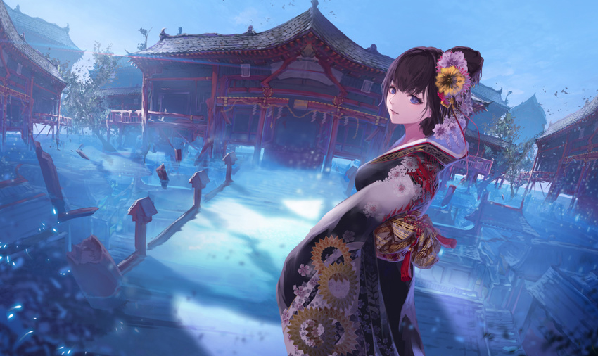 bad_revision black_hair blue_eyes building commentary_request downscaled_revision flower hair_bun hair_flower hair_ornament japanese_clothes jname kimono korean_commentary long_hair long_sleeves looking_at_viewer md5_mismatch obi original sash scenery smile solo wide_sleeves