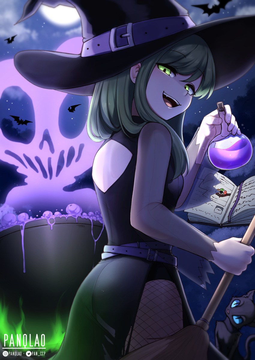 1girl absurdres alchemy ass black_cat boiling book cat cauldron fang fishnet_pantyhose fishnet_thighhighs fishnets flask green_eyes grey_hair hat highres holding holding_flask igarashi_futaba_(shiromanta) long_hair looking_at_viewer open_book panqlao pantyhose potion round-bottom_flask senpai_ga_uzai_kouhai_no_hanashi skull smile solo thighhighs witch witch_hat