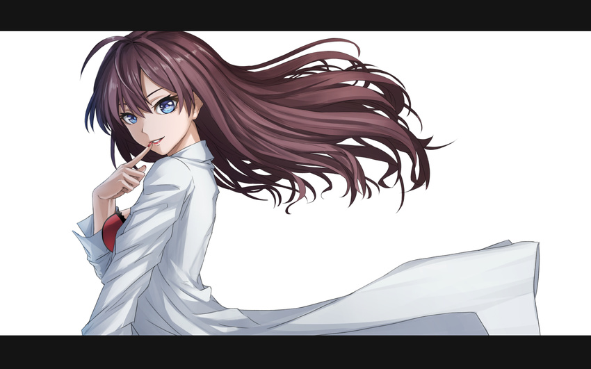 ahoge blue_eyes breasts brown_hair finger_to_mouth ichinose_shiki idolmaster idolmaster_cinderella_girls labcoat large_breasts letterboxed lipstick long_hair looking_at_viewer looking_to_the_side makeup messy_hair nail_polish red_lipstick red_nails smile solo sugi_214