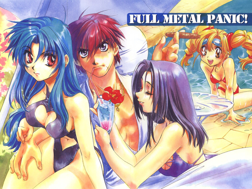 3girls bikini blonde_hair breasts chidori_kaname cigar cleavage cleavage_cutout drink flower full_metal_panic! goggles heart heart_cutout hibiscus jewelry medium_breasts mikihara_ren multiple_girls necklace non-web_source pimp pinching pool sagara_sousuke scar shikidouji small_breasts swimsuit tokiwa_kyouko twintails wallpaper water