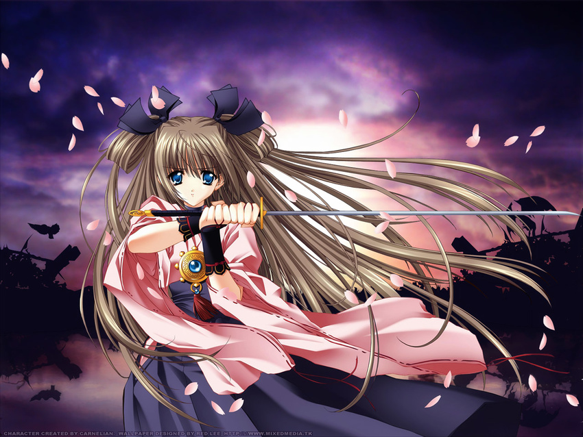 blue_eyes brown_hair carnelian japanese_clothes long_hair push!! solo sword wallpaper weapon