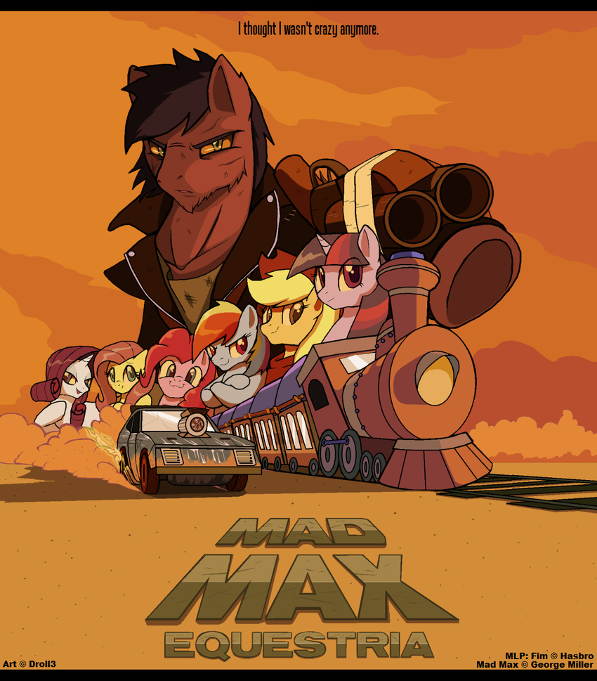 2015 applejack_(mlp) car clothing cowboy_hat crossed_arms crossover desert droll3 earth_pony equine female feral fluttershy_(mlp) friendship_is_magic group gun hair hat hi_res horn horse jacket looking_at_viewer mad_max male mammal multicolored_hair my_little_pony neckerchief outside parody pinkie_pie_(mlp) pony rainbow_dash_(mlp) ranged_weapon rarity_(mlp) shotgun smile text train twilight_sparkle_(mlp) underhoof unicorn vehicle weapon