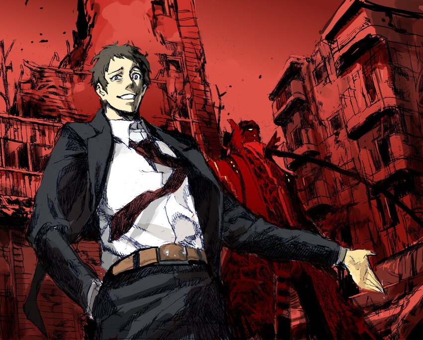 adachi_tooru belt black_hair brown_eyes brown_hair dutch_angle formal hand_in_pocket highres jacket magatsu_izanagi male_focus necktie nobita open_clothes open_jacket outstretched_hand persona persona_4 red_background red_neckwear smile smirk solo spoilers suit wind wind_lift