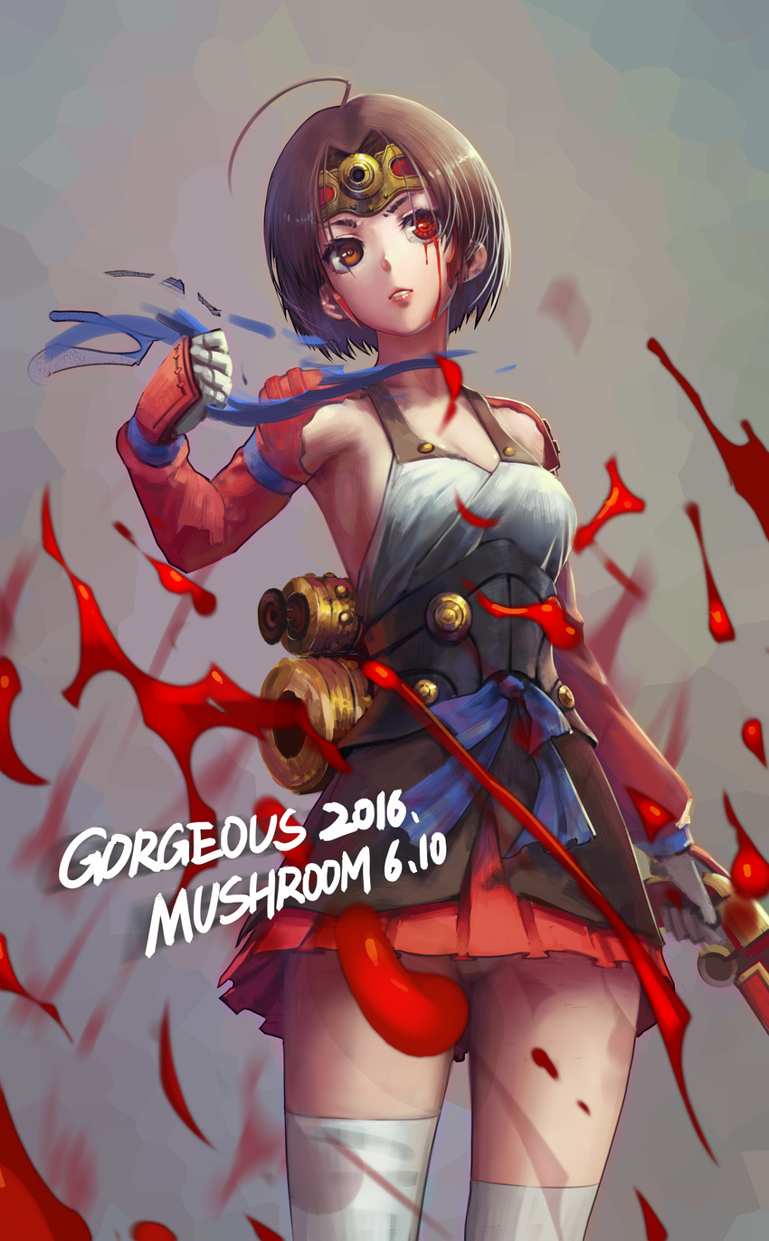 absurdres bob_cut brown_hair gorgeous_mushroom gun hakama_skirt heterochromia highres japanese_clothes koutetsujou_no_kabaneri mumei_(kabaneri) short_hair solo thighhighs weapon