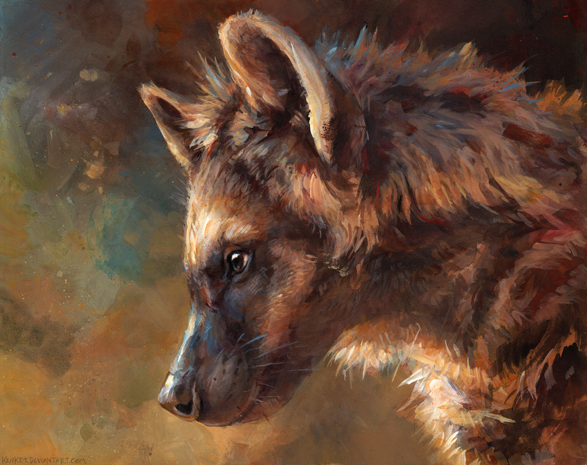 2016 ambiguous_gender black_fur black_nose brown_eyes brown_fur ears_up feral fur headshot_portrait hi_res hyena kenket mammal multicolored_fur painting_(artwork) portrait side_view signature simple_background smaller_version_at_source snout solo textured_background traditional_media_(artwork) whiskers white_sclera