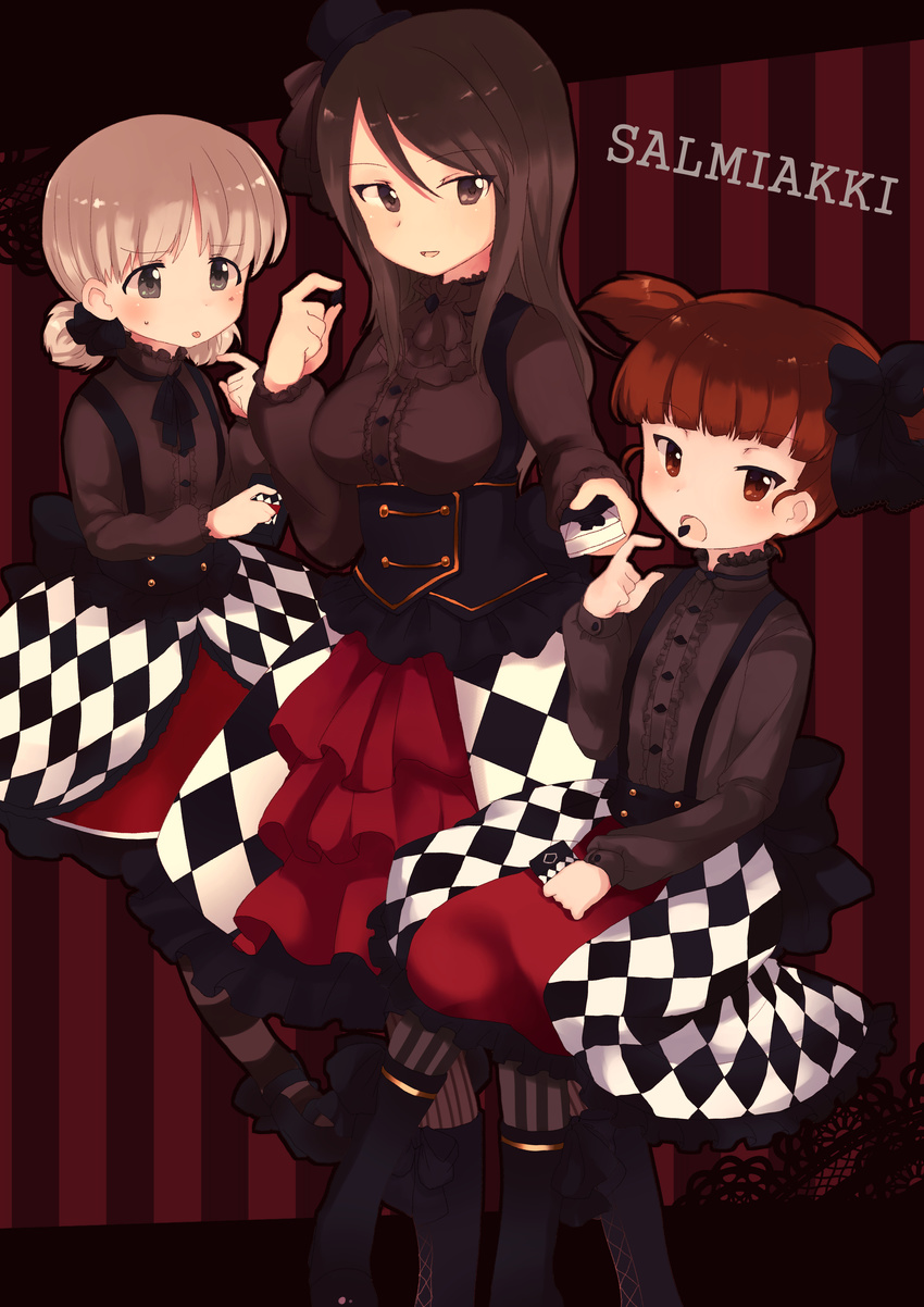 :p absurdres ahoge aki_(girls_und_panzer) alternate_costume bangs blunt_bangs boots brown_eyes brown_hair brown_shirt center_frills checkered checkered_dress cross-laced_footwear dress eating finnish frilled_shirt frills girls_und_panzer hat highres light_brown_eyes light_brown_hair lolita_fashion long_hair long_sleeves mika_(girls_und_panzer) mikko_(girls_und_panzer) mini_hat mini_top_hat multiple_girls parted_lips petticoat red_eyes red_hair scrunchie shirt short_twintails sitting smile striped striped_legwear tongue tongue_out top_hat toyosu_toyosu twintails underbust