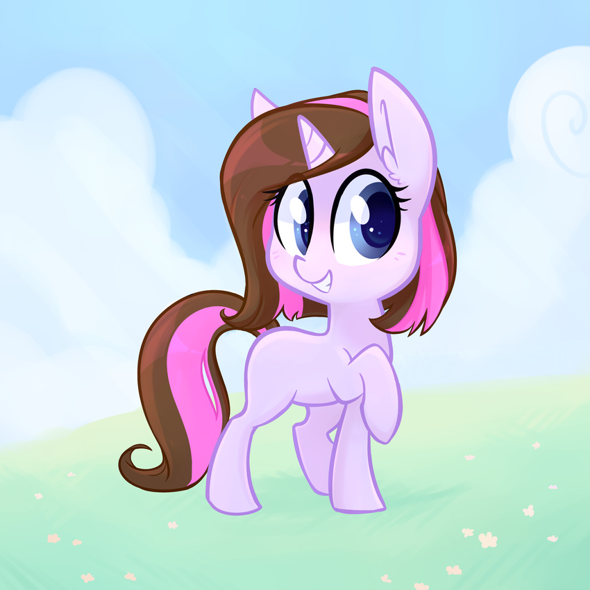 2016 absurd_res ambiguous_gender blue_eyes brown_hair cloud cub cute equine fan_character feral field flower fur hair hi_res hollulu horn horse inner_ear_fluff mammal multicolored_hair my_little_pony outside pink_hair plant pony purple_fur raised_leg sky smile unicorn young