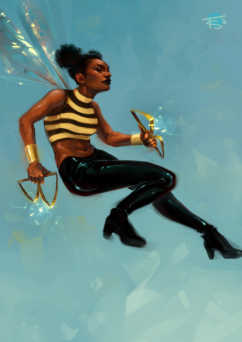 bee_costume black_hair black_pants bumble_bee dark_skin dc_comics felicia_smith flying hair_bun karen_beecher midriff sleeveless solo striped_shirt teen_titans two-tone_stripes wings