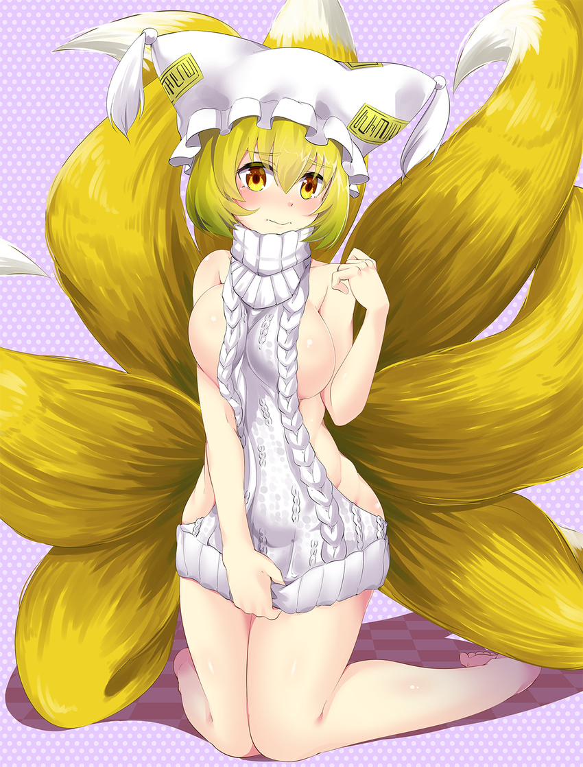 backless_dress backless_outfit bare_arms bare_legs barefoot blonde_hair blush bottomless breasts clothes_tug dress fox_tail halterneck hat highres hitotsuki_nebura kneeling large_breasts looking_at_viewer meme_attire multiple_tails naked_sweater no_panties pillow_hat revealing_clothes ribbed_sweater short_hair sideboob sleeveless solo sweater sweater_dress sweater_tug tail touhou turtleneck turtleneck_sweater virgin_killer_sweater yakumo_ran yellow_eyes