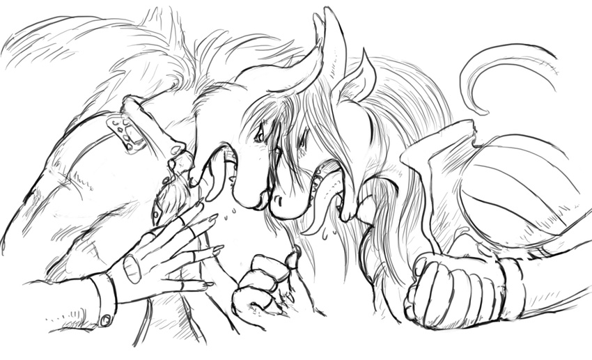 2016 anthro canine clothed clothing dragon duo fight fox fur gloves hair horn jacket kalnareff kalnareff_(character) long_hair male male/male mammal monochrome open_mouth pointy_ears scales scalie sharp_teeth side_view simple_background teeth tongue tongue_out white_background