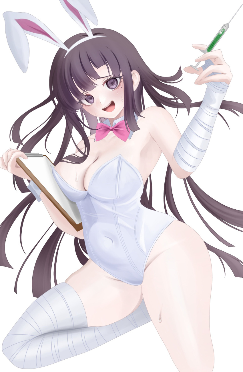 1girl :d absurdres animal_ears bare_shoulders blush bow bowtie breasts covered_navel danganronpa_(series) danganronpa_2:_goodbye_despair fake_animal_ears groin highres kon'nichiwa leotard long_hair looking_at_viewer official_alternate_costume pink_bow pink_bowtie playboy_bunny rabbit_ears shiny_skin smile solo strapless strapless_leotard tsumiki_mikan wrist_cuffs