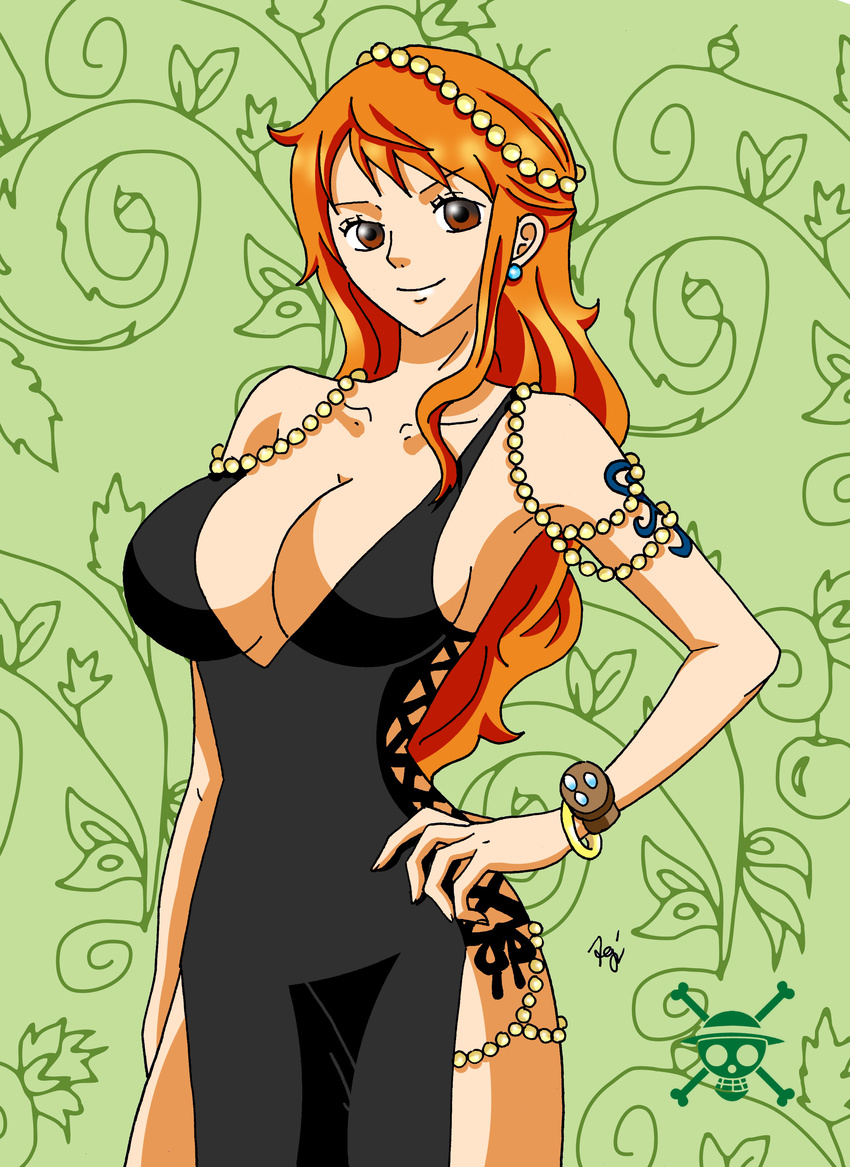 black_dress breasts brown_eyes cleavage dress earrings elegant elegant_drass elegant_dress female girl jewelry large_breasts leg legs lipstick long_dress long_hair looking_at_viewer makeup mugiwara mugiwara_pirates nami nami_(one_piece) one_piece orange orange_hair pearl pirate sideboob smile solo standing tattoo woman