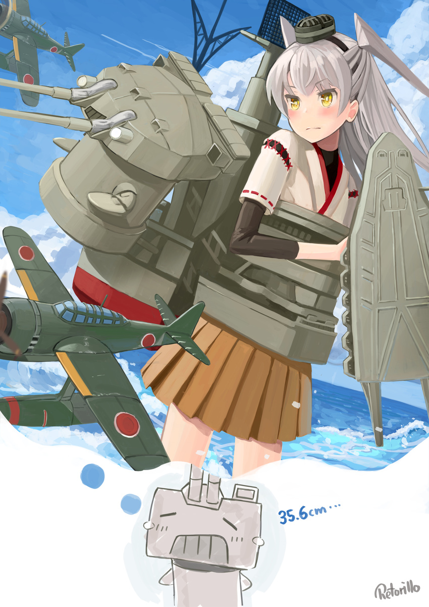 aircraft airplane amatsukaze_(kantai_collection) commentary cosplay dreaming e16a_zuiun highres ise_(kantai_collection) ise_(kantai_collection)_(cosplay) kantai_collection rensouhou-kun retorillo silver_hair yellow_eyes