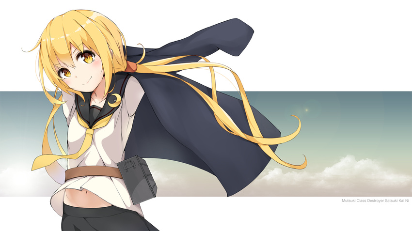 armband arms_up belt black_skirt blonde_hair blue_jacket colis_(regunm772) jacket kantai_collection long_hair long_sleeves looking_at_viewer low_twintails navel neckerchief necktie open_clothes open_jacket remodel_(kantai_collection) sailor_collar satsuki_(kantai_collection) school_uniform serafuku skirt smile solo twintails upper_body white_neckwear yellow_neckwear