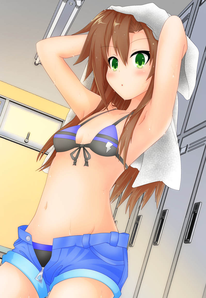 absurdres armpits bra breasts brown_hair front-tie_top green_eyes highres if_(choujigen_game_neptune) kyou long_hair navel neptune_(series) small_breasts solo towel underwear