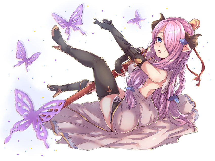 :d bad_id bad_pixiv_id bare_shoulders black_footwear black_gloves black_legwear blue_eyes braid breasts bug butterfly butterfly_hair_ornament commentary_request draph elbow_gloves gloves granblue_fantasy hair_ornament hair_over_one_eye high_heels highres horns insect lavender_dress lavender_hair long_hair looking_at_viewer looking_back medium_breasts nametake_(nekoyasya12172) narmaya_(granblue_fantasy) open_mouth pointy_ears shoes single_braid single_thighhigh sitting smile solo staff thighhighs