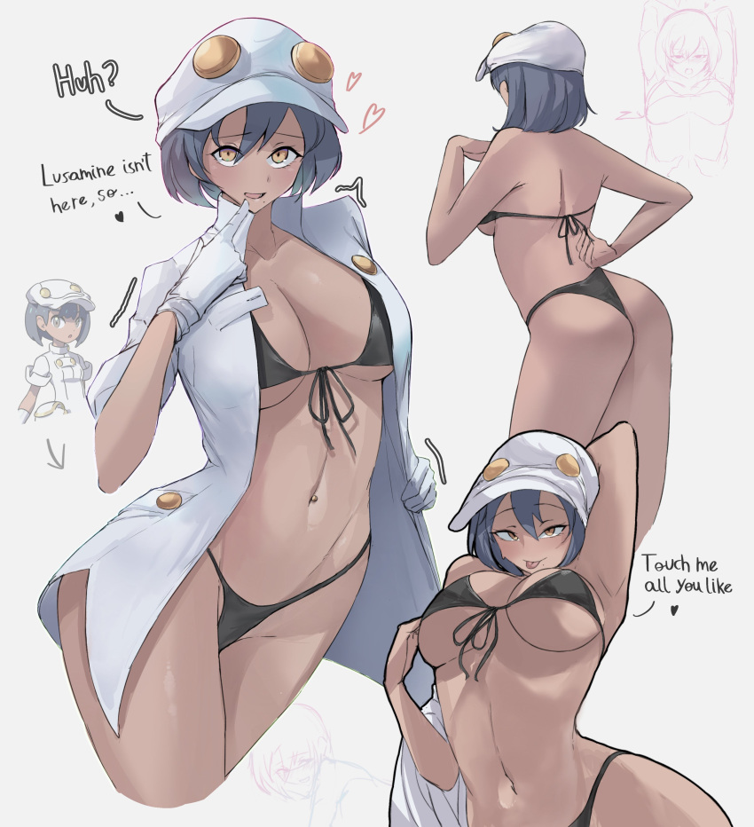 1girl absurdres aether_foundation_employee aether_foundation_uniform black_bra black_hair black_panties bob_cut bra breasts brown_hair calmgreentori dark-skinned_female dark_skin gloves hat highres open_mouth panties pokemon pokemon_sm short_hair short_sleeves smile underwear white_gloves white_hat