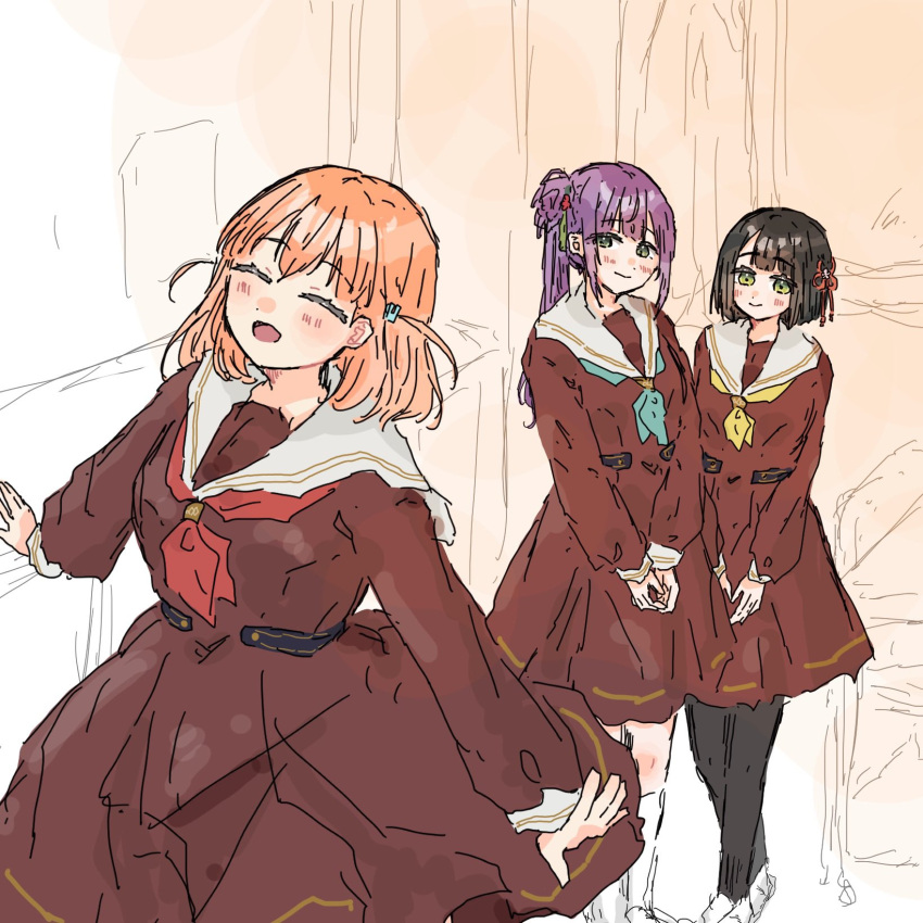 3girls :d ^_^ aqua_neckerchief black_hair black_pantyhose blunt_bangs blunt_ends blush bob_cut brown_dress cerise_bouquet closed_eyes closed_mouth commentary crossed_bangs dancing dress flower flower_knot green_eyes hair_bun hair_flower hair_ornament hasu_no_sora_school_uniform highres hinoshita_kaho indoors link!_like!_love_live! long_hair long_sleeves looking_at_another love_live! medium_dress medium_hair momose_ginko multiple_girls neckerchief open_mouth orange_hair otomune_kozue pantyhose pleated_dress purple_hair rabbit_hair_ornament red_flower red_neckerchief sailor_collar sailor_dress school_uniform shoes short_hair side_ponytail sidelocks single_side_bun sketch_background skp1cnqfehmpasi smile socks standing tassel tassel_hair_ornament two_side_up uwabaki virtual_youtuber white_sailor_collar white_socks winter_uniform yellow_neckerchief