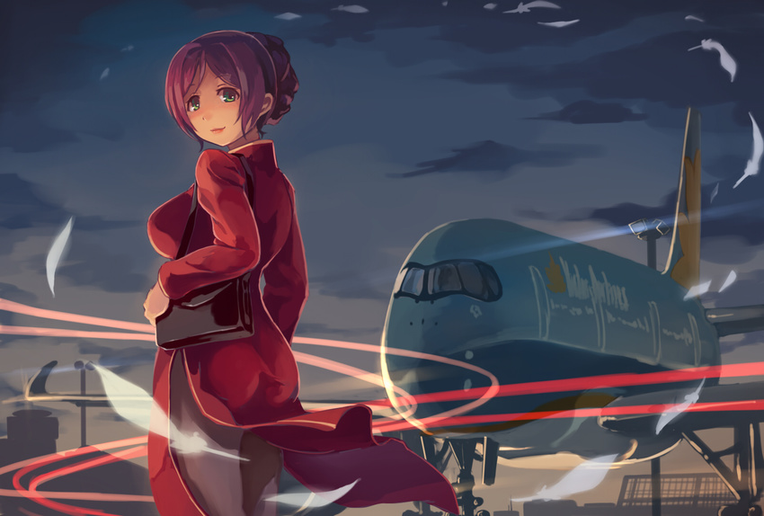 a350 aircraft airplane airport alternate_costume alternate_hairstyle back bag feathers flight_attendant foge green_eyes hair_bun handbag highres long_hair looking_at_viewer looking_back love_live! love_live!_school_idol_project outdoors purple_hair sky smile solo toujou_nozomi uniform vietnam_airlines vietnamese_dress wind