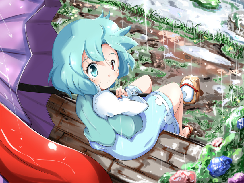 blue_eyes blue_hair flower from_above geta grass heterochromia hydrangea juliet_sleeves karakasa_obake kikurage_(sugi222) long_sleeves looking_at_viewer looking_back puddle puffy_sleeves rain red_eyes rock short_hair sitting skirt skirt_set smile solo stream tatara_kogasa touhou umbrella