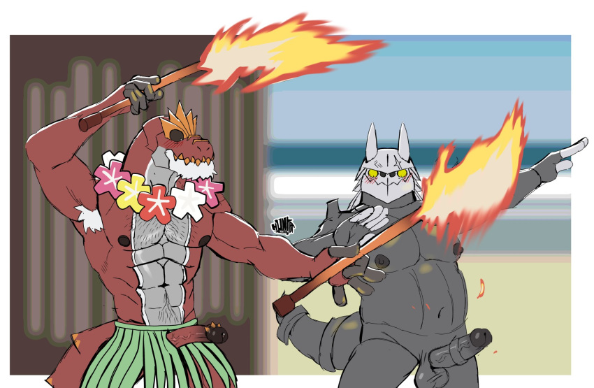 abs aggron anthro anton_o'moore balls beach belly biceps big_muscles biped bodily_fluids body_hair bottomwear circumcised clothed clothing curtis_sara_taylor dancing duo erection erection_through_clothing femboy fire fire_dancer fire_dancing fire_performance flower flower_necklace fossil_pokemon generation_3_pokemon generation_6_pokemon genital_fluids genitals grass_skirt grey_body grey_scales hawaiian hi_res hula hula_dancer hula_dancing hunter-husky lei luau male male/male mature_male musclegut muscular muscular_male navel nintendo nipples non-mammal_nipples penis performance_art plant plantigrade pokemon pokemon_(species) precum pupils red_body red_scales scales scalie skirt surprise surprised_expression three-quarter_view topless topless_anthro topless_male torch triceps tyrantrum vein veiny_penis yellow_sclera