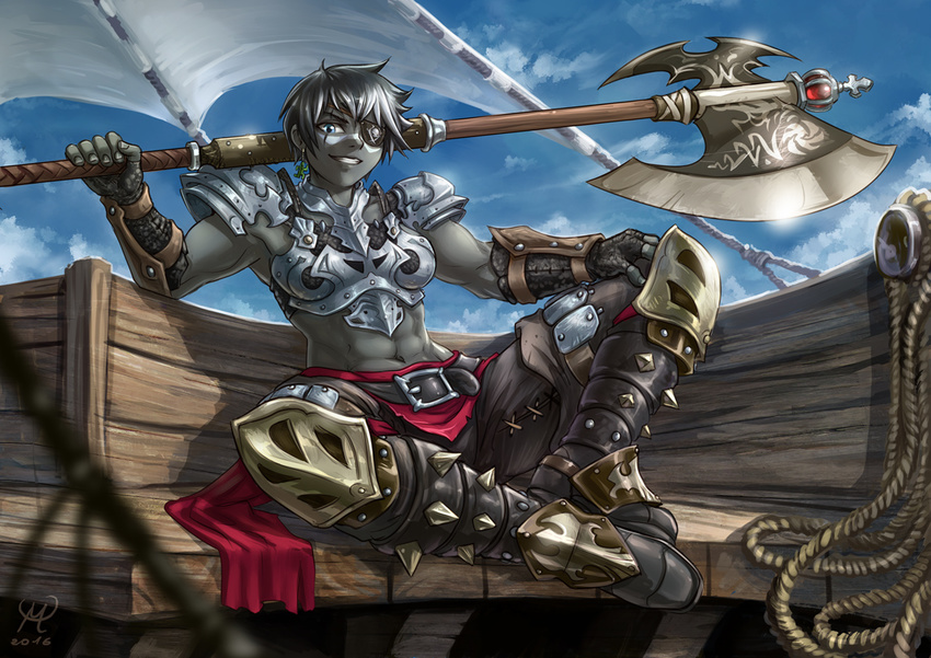 2016 abs armor axe belt blue_eyes boots borrowed_character cloud cloudy_sky day earrings eyepatch facepaint final_fantasy final_fantasy_xiv fingerless_gloves gloves grey_hair grey_skin grin jewelry maxa' muscle muscular_female navel original polearm roegadyn rope scar scar_across_eye short_hair shoulder_armor signature sitting sky smile solo spaulders syrhais_(aaron000) vambraces weapon