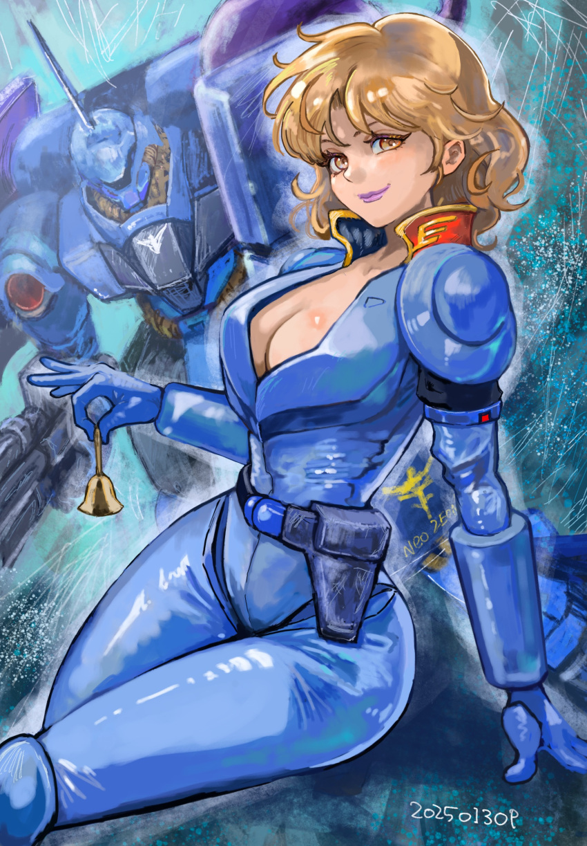 1girl bell breasts char's_counterattack cleavage gundam highres looking_at_viewer mecha mecha_pilot_suit medium_hair mobile_suit normal_suit_(gundam) okrdisk2000 orange_eyes orange_hair rezin_schnyder robot sitting solo