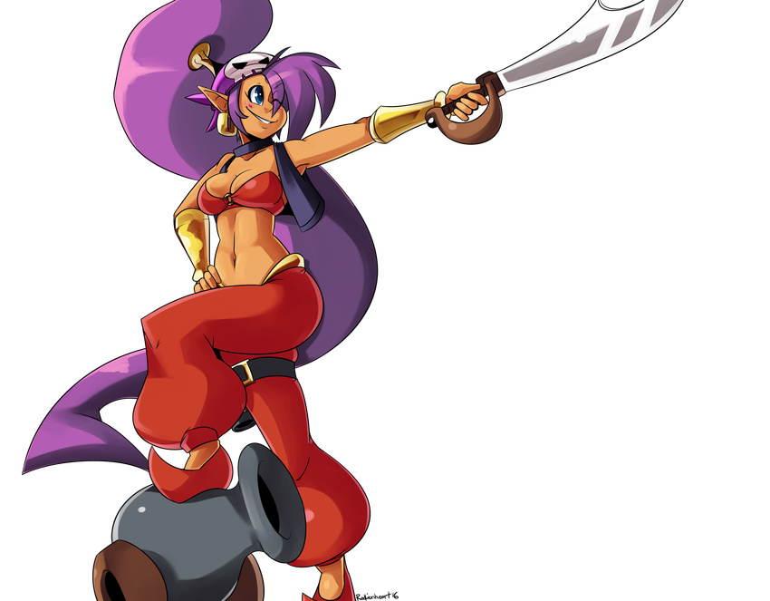 ;) absurdres asymmetrical_bangs bandana bandeau bangs blue_eyes breasts cannon choker cleavage cutlass_(sword) dark_skin earrings full_body grin hand_on_hip harem_pants high_ponytail highres hoop_earrings jewelry long_hair medium_breasts navel one_eye_closed pants pointing pointing_forward pointy_ears pointy_shoes purple_hair radlionheart shantae_(character) shantae_(series) shantae_and_the_pirate's_curse shoes smile solo transparent_background vambraces very_long_hair vest