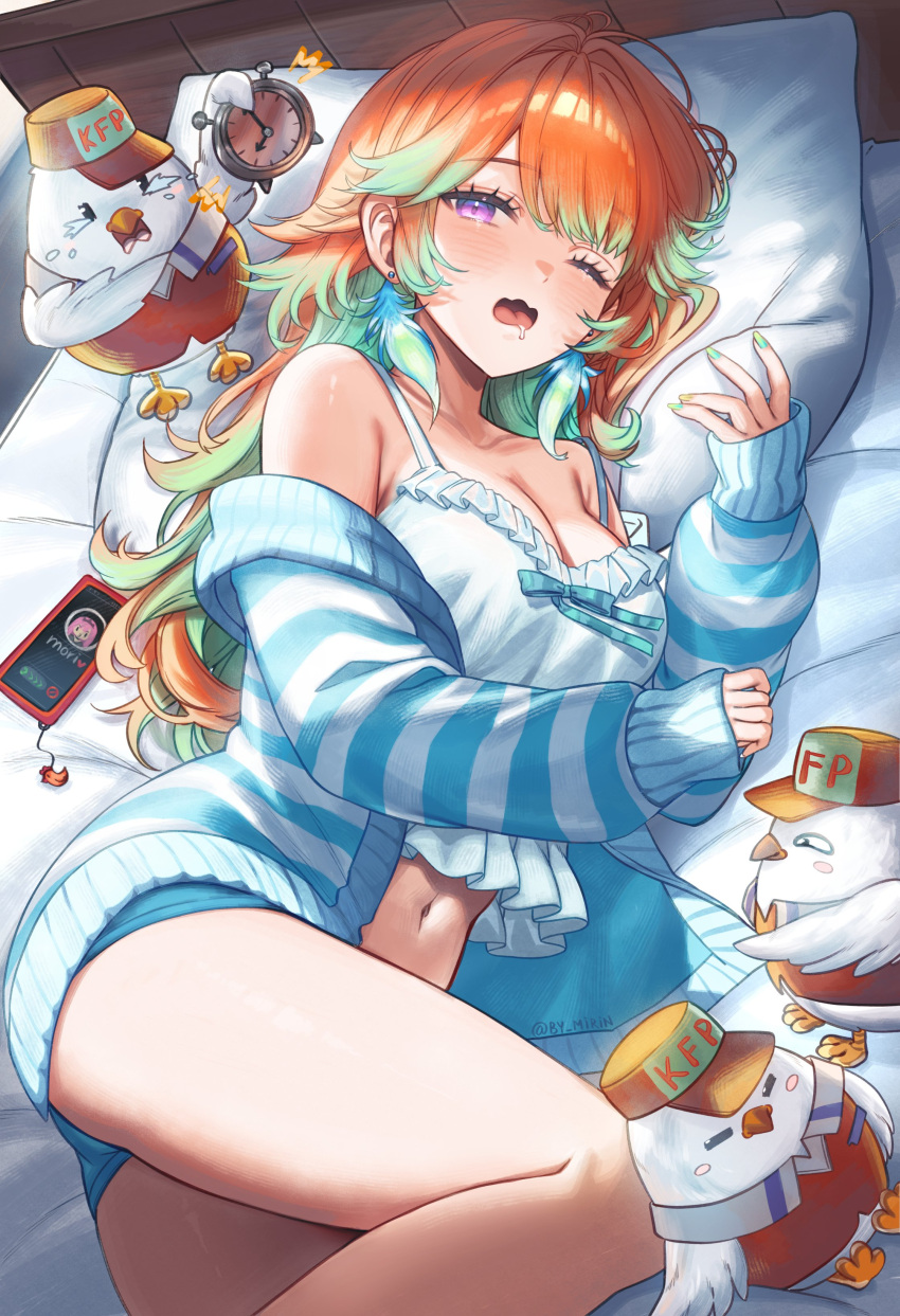 1girl absurdres alarm_clock alternate_costume blue_jacket blue_sky breasts by_mirin camisole cleavage clock colored_inner_hair commentary earrings feather_earrings feathers frilled_camisole frills gradient_hair green_feathers green_hair green_nails head_on_pillow highres hololive hololive_english jacket jewelry kfp_employee_(takanashi_kiara) large_breasts long_hair looking_at_viewer loungewear lying making-of_available multicolored_hair nail_polish navel off_shoulder on_bed on_side open_mouth orange_hair pillow purple_eyes saliva short_shorts shorts sky sleeves_past_wrists solo striped_clothes striped_jacket swept_bangs symbol-only_commentary takanashi_kiara virtual_youtuber wavy_mouth white_camisole white_jacket