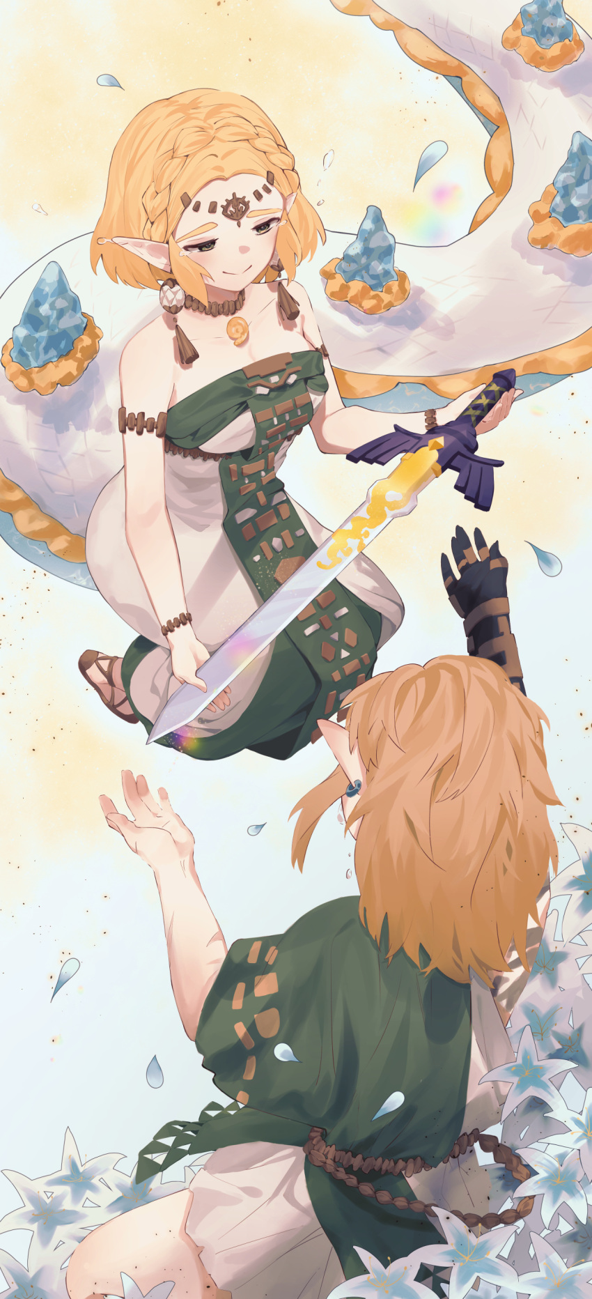 1boy 1girl absurdres ancient_set_(zelda) armlet blonde_hair bracelet dragon_girl dragon_tail dress ear_piercing earrings green_tabard hanyaka highres holding holding_sword holding_weapon jewelry light_dragon_(zelda) link long_hair magatama magatama_necklace master_sword necklace piercing pointy_ears princess_zelda short_hair smile spoilers strapless strapless_dress sword tabard tail the_legend_of_zelda the_legend_of_zelda:_tears_of_the_kingdom weapon white_dress