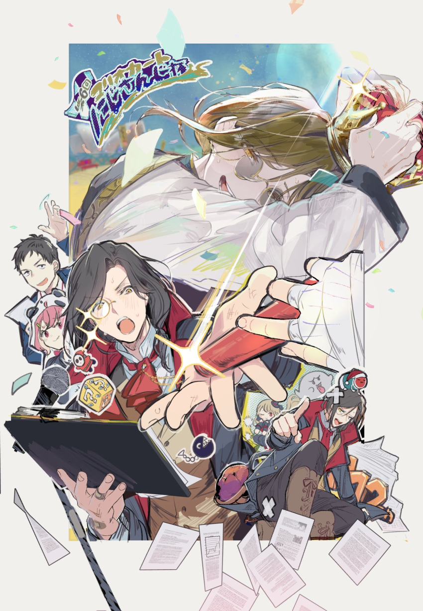 2boys 2girls :d ;) animal_hood arm_support ascot bandaged_hand bandages black_coat black_hair black_pants blonde_hair blush boo_(mario) boots border brown_boots brown_vest buranran chain_chomp chibi chibi_inset clipboard closed_mouth coat confetti creature_on_head crossed_bandaids crown curtained_hair dandelion_seed furrowed_brow ghost hair_between_eyes highres holding holding_clipboard holding_crown holding_relay_baton hood hood_up kenmochi_touya knee_up lace-up_boots long_hair long_sleeves looking_at_viewer looking_to_the_side low_ponytail luis_cammy male_focus mandarin_collar mario_(series) mario_kart medium_hair microphone microphone_stand monocle multiple_boys multiple_girls multiple_views nijisanji one_eye_closed open_clothes open_coat open_mouth out_of_frame outside_border outstretched_arm panda_hood pants paper pink_eyes pink_hair pointing pointing_at_viewer ponytail red_ascot red_eyes relay_baton sasaki_saku shellin_burgundy shellin_burgundy_(1st_costume) shirt short_bangs short_hair shy_guy sitting smile sparkle sunglasses sweat swept_bangs taiko_no_tatsujin teeth trench_coat upper_body upper_teeth_only v-shaped_eyebrows vest virtual_youtuber wada_don waving white_border white_shirt yashiro_kizuku yellow_eyes