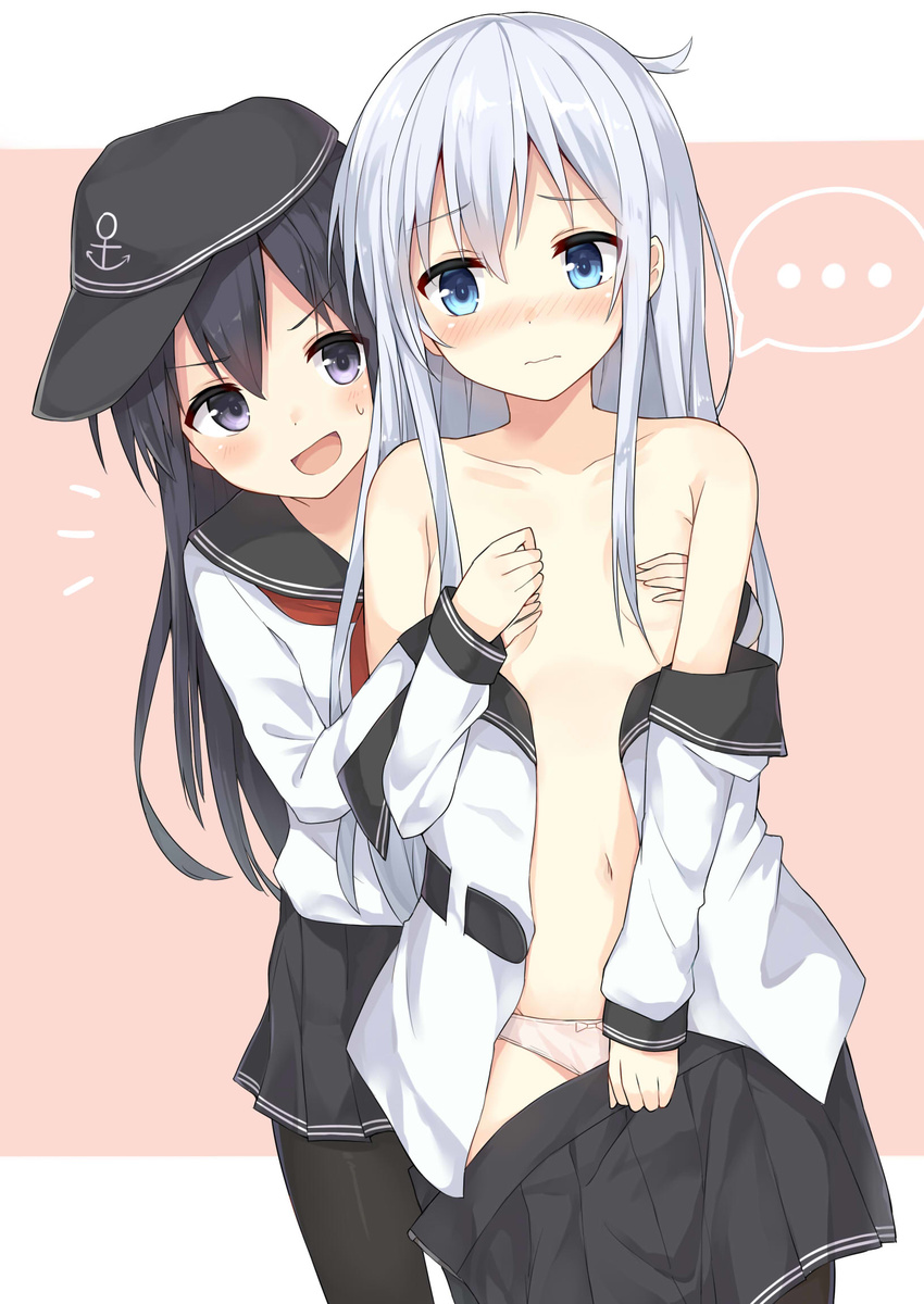 /\/\/\ 2girls :d akatsuki_(kantai_collection) anchor_symbol bangs belt black_hat black_legwear black_skirt blue_eyes blush bow bow_panties breasts collarbone covering covering_breasts cowboy_shot embarrassed eyebrows eyebrows_visible_through_hair flat_cap hair_between_eyes hand_on_own_chest hands_on_another's_chest hat hibiki_(kantai_collection) highres holding_hand holding_skirt huwali_(dnwls3010) kantai_collection kerchief long_hair looking_at_another looking_to_the_side miniskirt multiple_girls navel no_bra off_shoulder open_clothes open_mouth open_shirt panties pantyhose pink_panties pleated_skirt purple_eyes school_uniform serafuku shirt silver_hair skirt skirt_pull small_breasts smile spoken_ellipsis stomach sweat underwear undressing v-shaped_eyebrows verniy_(kantai_collection) white_shirt